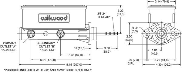 Wilwood Aluminum Tandem Master Cylinder w/ Pushrod 7/8" Bore 260-9439-BK