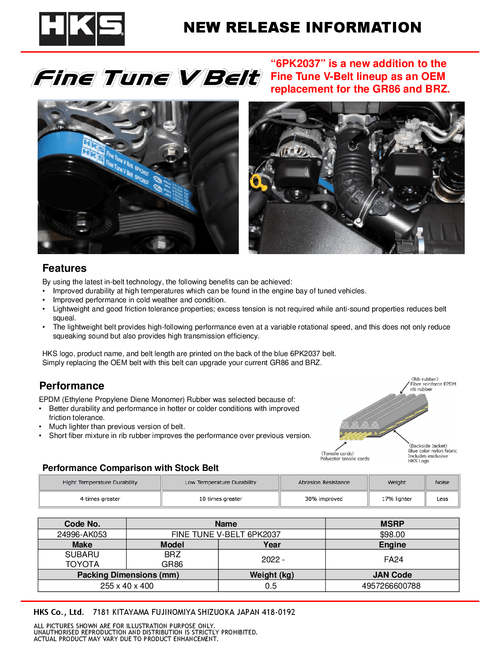 HKS Fine Tune V-Belt - 6PK2037 (21+ 86/BRZ)